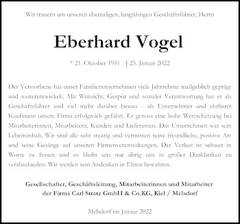 Traueranzeige von Eberhard Vogel von Kieler Nachrichten
