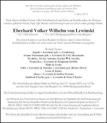 Traueranzeige von Eberhard Volker Wilhelm von Lewinski von Märkischen Allgemeine Zeitung