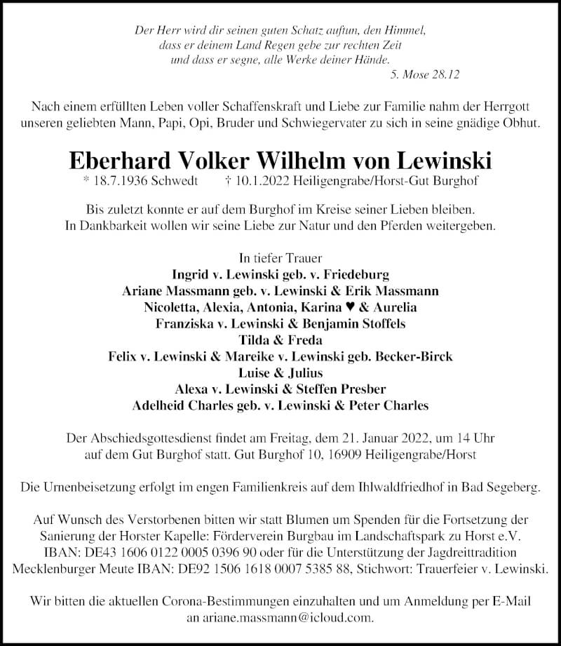  Traueranzeige für Eberhard Volker Wilhelm von Lewinski vom 15.01.2022 aus Märkischen Allgemeine Zeitung