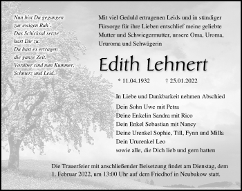 Traueranzeige von Edith Lehnert von Ostsee-Zeitung GmbH