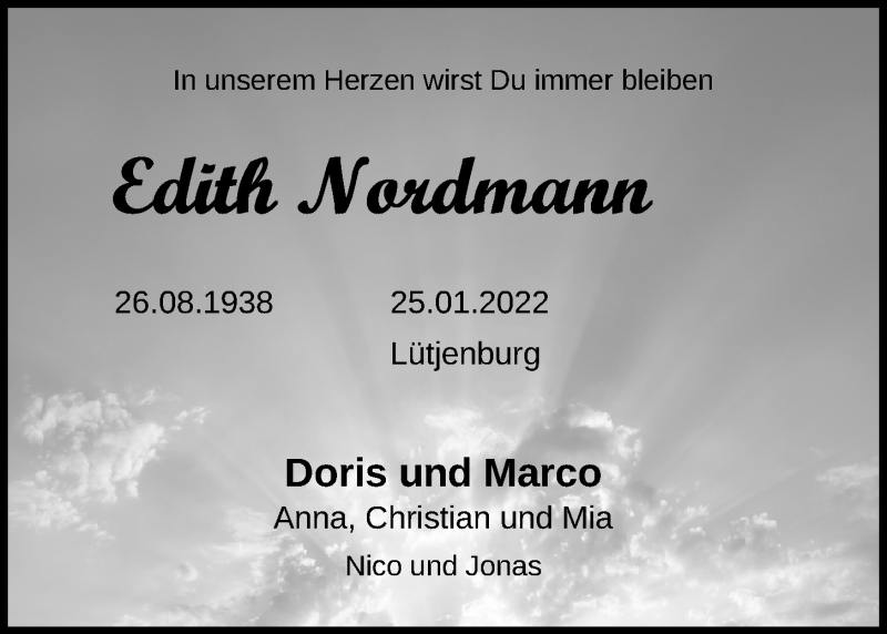  Traueranzeige für Edith Nordmann vom 27.01.2022 aus Kieler Nachrichten