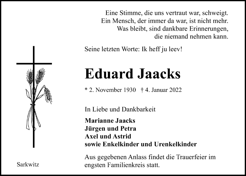  Traueranzeige für Eduard Jaacks vom 09.01.2022 aus Lübecker Nachrichten