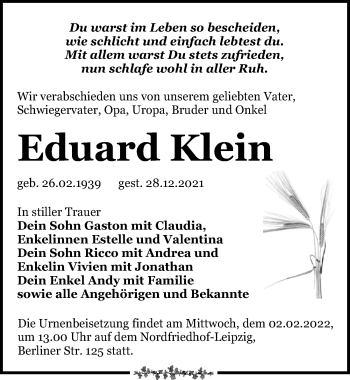 Traueranzeige von Eduard Klein von Leipziger Volkszeitung