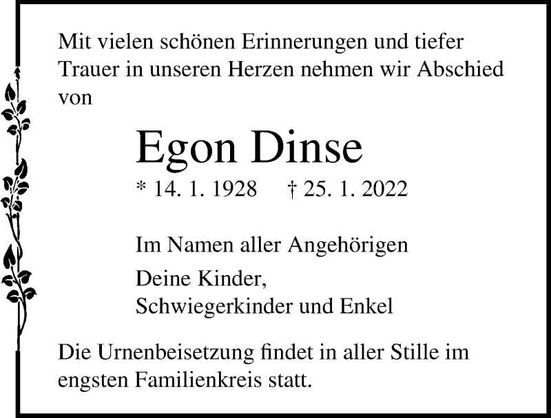  Traueranzeige für Egon Dinse vom 29.01.2022 aus Ostsee-Zeitung GmbH