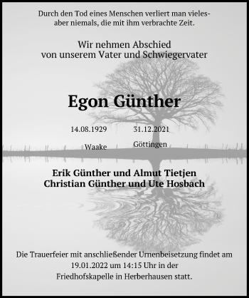 Traueranzeige von Egon Günther von Göttinger Tageblatt
