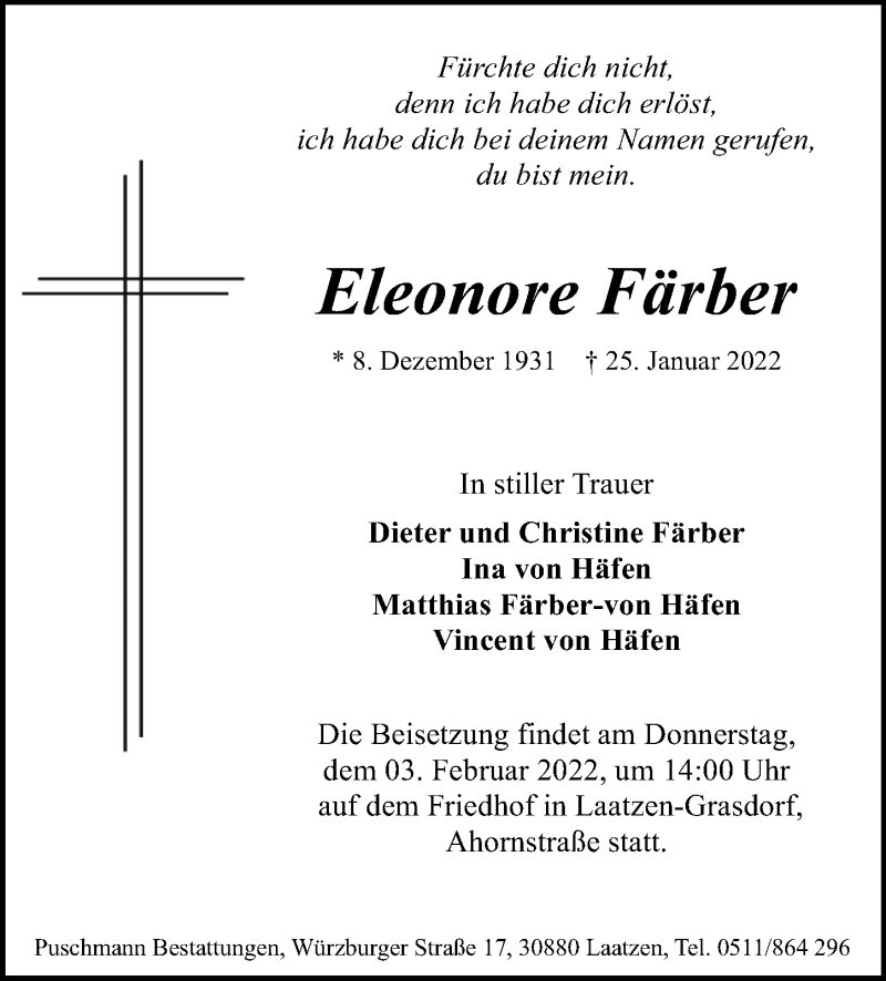  Traueranzeige für Eleonore Färber vom 29.01.2022 aus Hannoversche Allgemeine Zeitung/Neue Presse