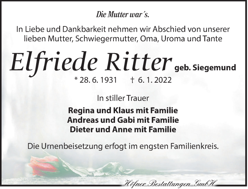  Traueranzeige für Elfriede Rittergeb vom 15.01.2022 aus Torgauer Zeitung
