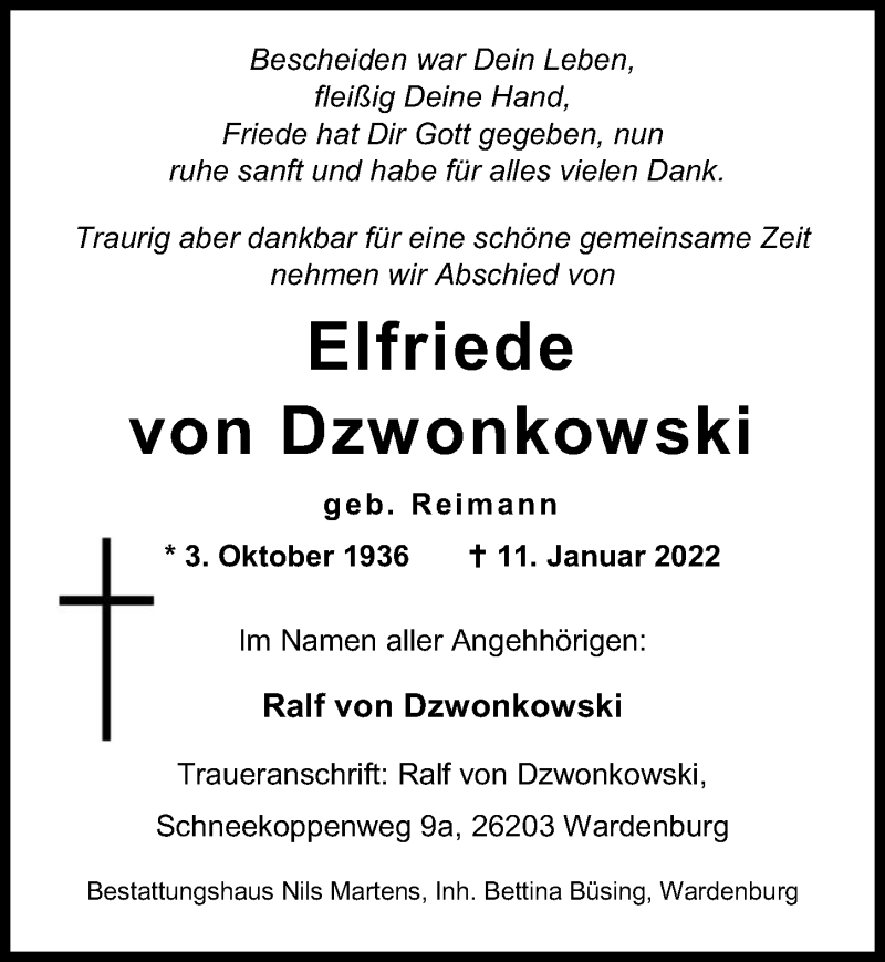  Traueranzeige für Elfriede von Dzwonkowski vom 14.01.2022 aus Aller Zeitung
