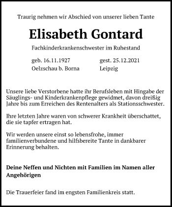 Traueranzeige von Elisabeth Gontard von Leipziger Volkszeitung