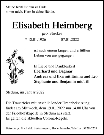 Traueranzeige von Elisabeth Heimberg von Peiner Allgemeine Zeitung