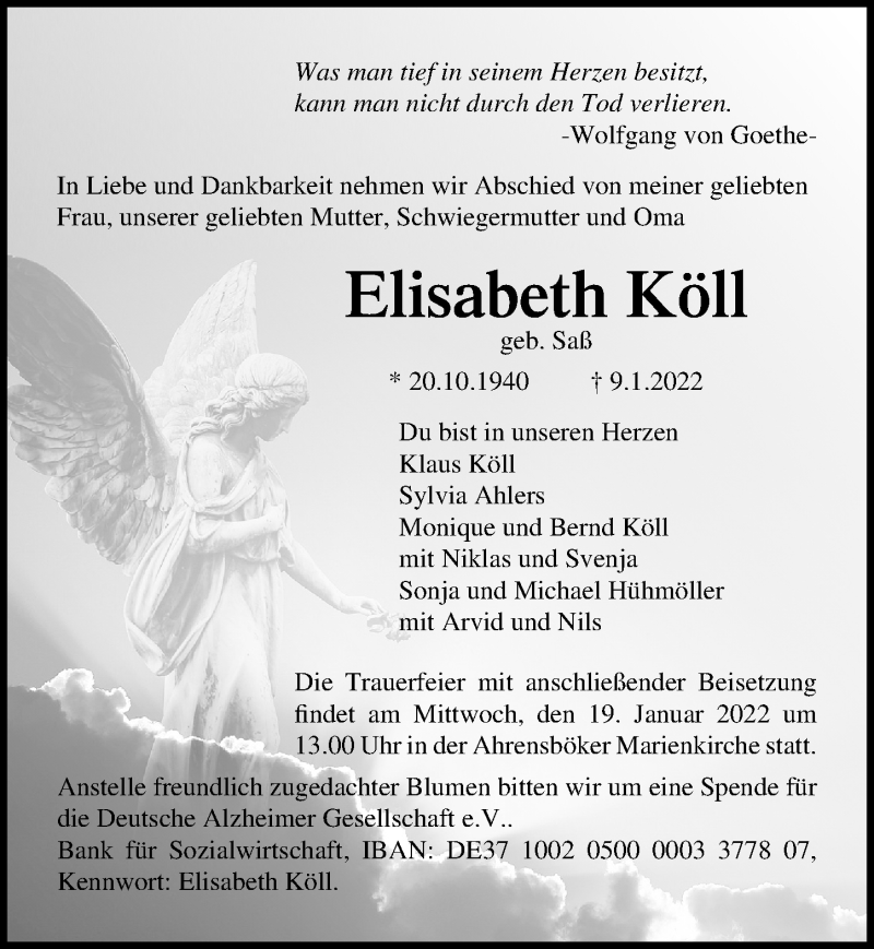  Traueranzeige für Elisabeth Köll vom 15.01.2022 aus Lübecker Nachrichten