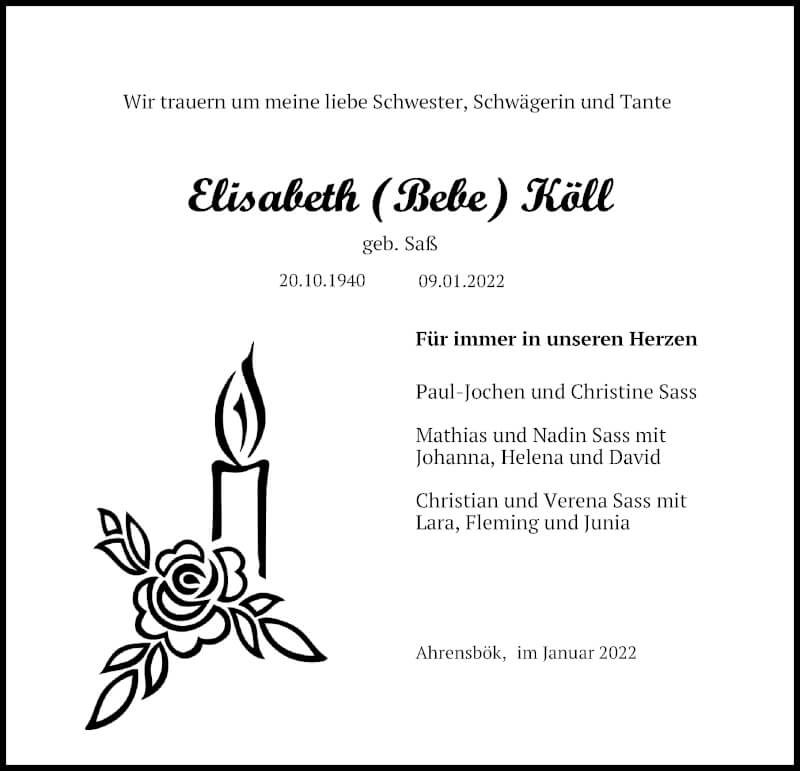  Traueranzeige für Elisabeth Köll vom 22.01.2022 aus Lübecker Nachrichten