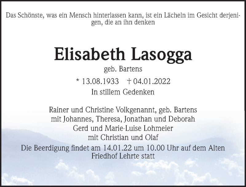  Traueranzeige für Elisabeth Lasogga vom 12.01.2022 aus Hannoversche Allgemeine Zeitung/Neue Presse