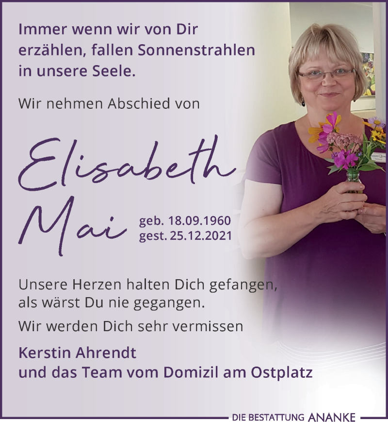  Traueranzeige für Elisabeth Mai vom 29.01.2022 aus Leipziger Volkszeitung