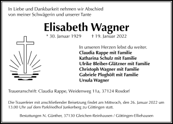 Traueranzeige von Elisabeth Wagner von Göttinger Tageblatt