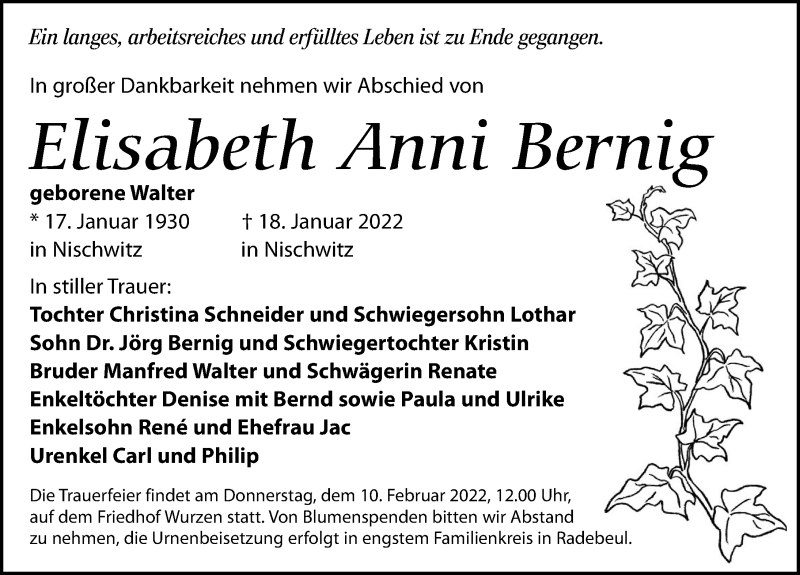  Traueranzeige für Elisabeth Anni Bernig vom 22.01.2022 aus Leipziger Volkszeitung