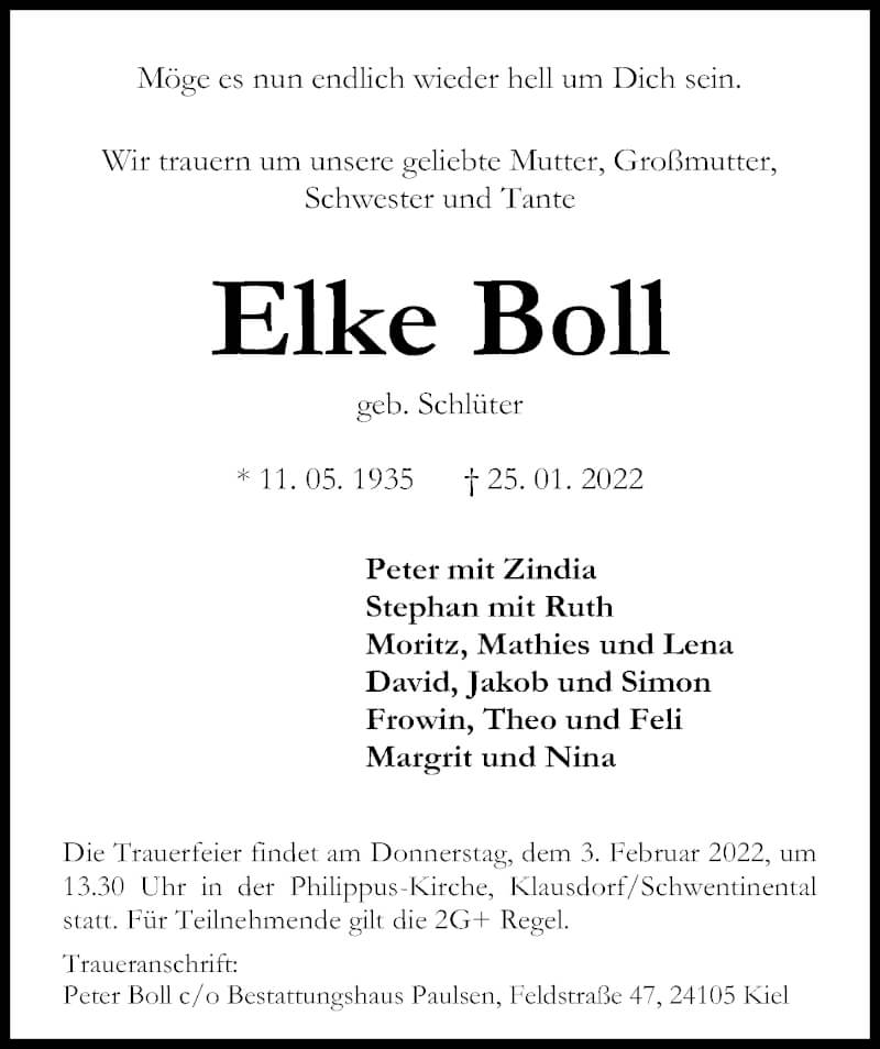  Traueranzeige für Elke Boll vom 29.01.2022 aus Kieler Nachrichten