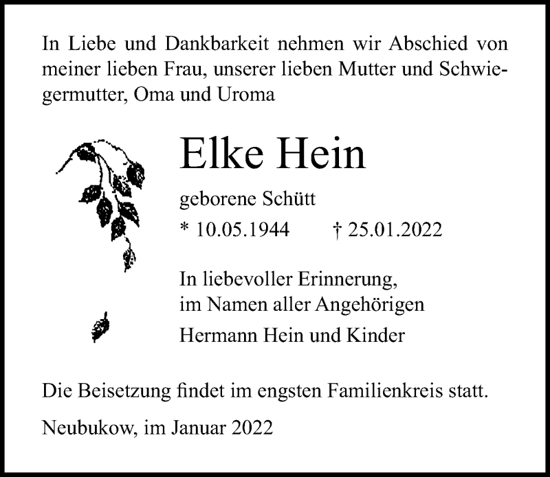  Traueranzeige für Elke Hein vom 29.01.2022 aus Ostsee-Zeitung GmbH