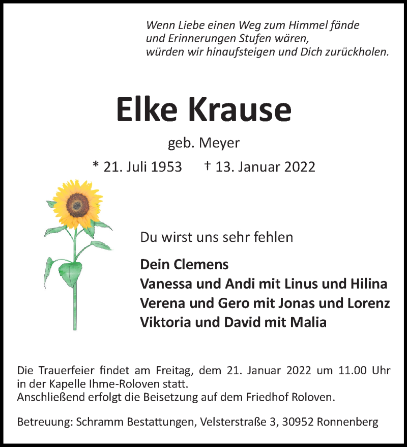  Traueranzeige für Elke Krause vom 15.01.2022 aus Hannoversche Allgemeine Zeitung/Neue Presse