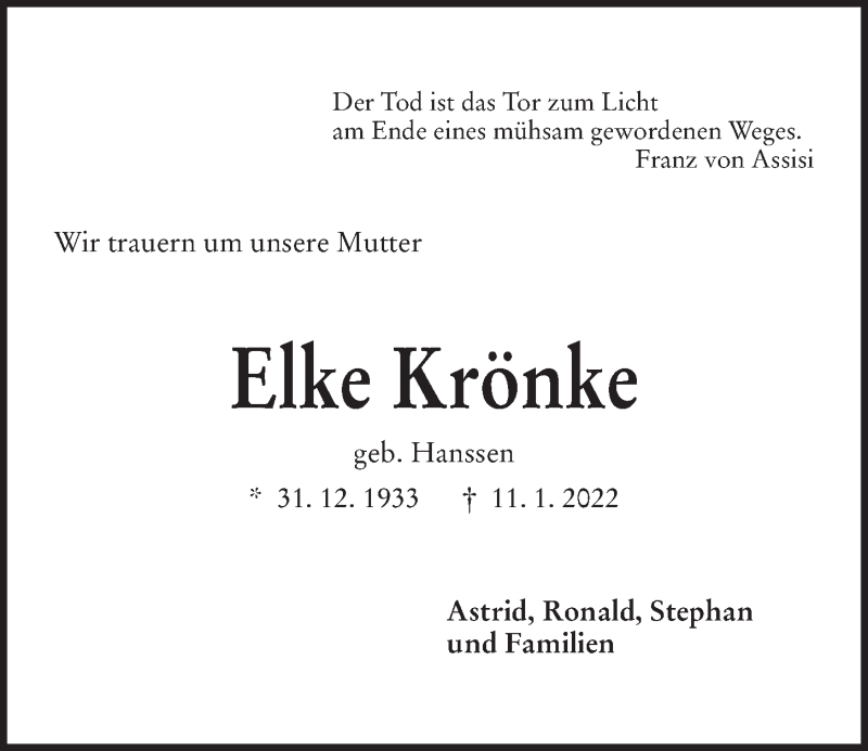  Traueranzeige für Elke Krönke vom 12.01.2022 aus Kieler Nachrichten