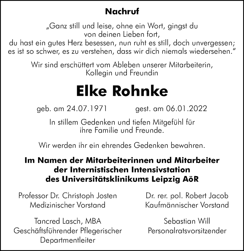  Traueranzeige für Elke Rohnke vom 15.01.2022 aus Leipziger Volkszeitung