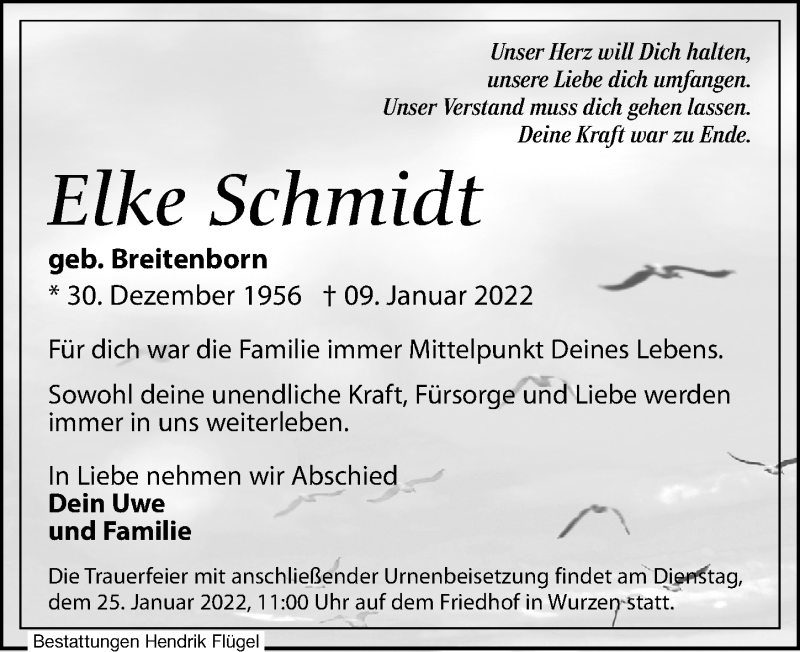  Traueranzeige für Elke Schmidt vom 15.01.2022 aus Leipziger Volkszeitung