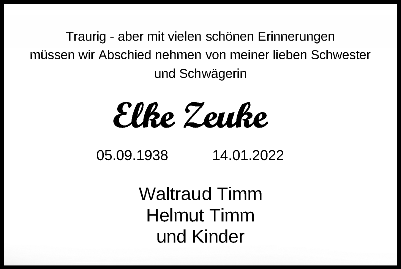  Traueranzeige für Elke Zeuke vom 18.01.2022 aus Kieler Nachrichten