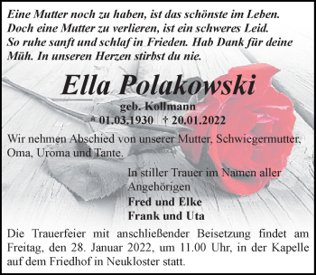 Traueranzeige von Ella Polakowski von Ostsee-Zeitung GmbH