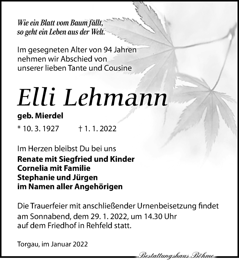  Traueranzeige für Elli Lehmann vom 08.01.2022 aus Torgauer Zeitung