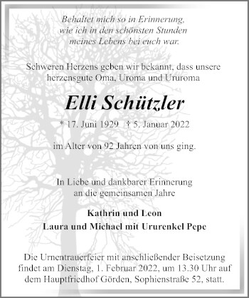 Traueranzeige von Elli Schützler von Märkischen Allgemeine Zeitung