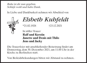 Traueranzeige von Elsbeth Kuhfeldt von Märkischen Allgemeine Zeitung