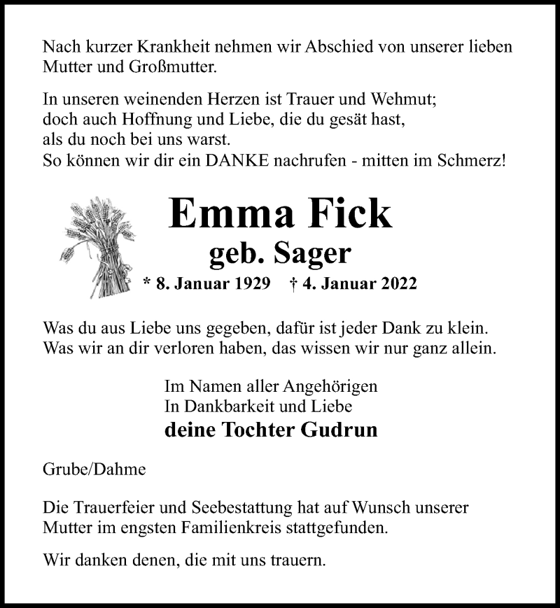  Traueranzeige für Emma Fick vom 26.01.2022 aus Lübecker Nachrichten