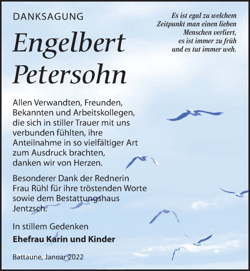  Traueranzeige für Engelbert Petersohn vom 08.01.2022 aus Leipziger Volkszeitung