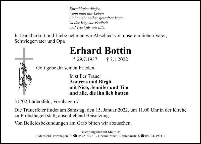  Traueranzeige für Erhard Bottin vom 11.01.2022 aus Schaumburger Nachrichten