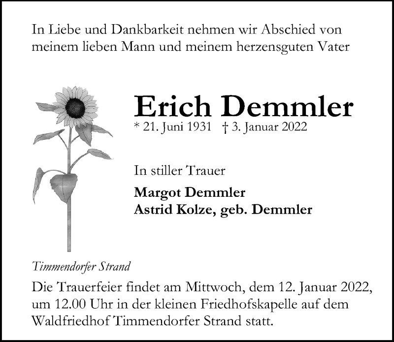 Traueranzeige für Erich Demmler vom 09.01.2022 aus Lübecker Nachrichten