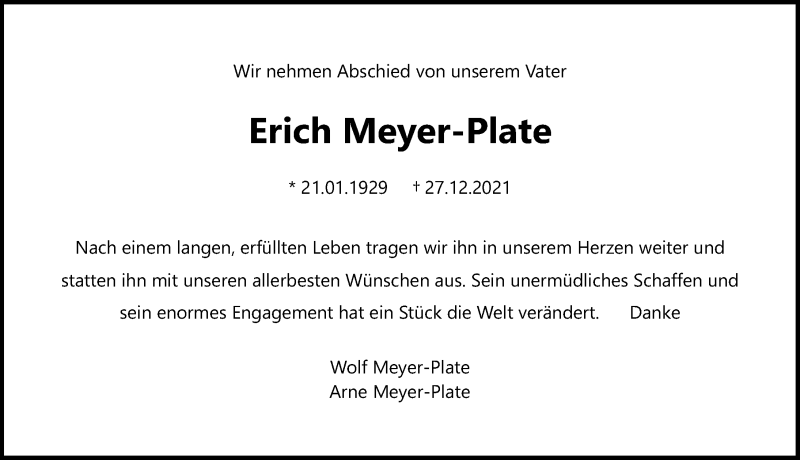  Traueranzeige für Erich Meyer-Plate vom 15.01.2022 aus Hannoversche Allgemeine Zeitung/Neue Presse