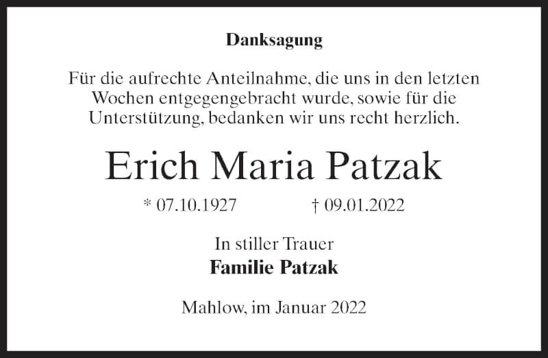  Traueranzeige für Erich Maria Patzak vom 29.01.2022 aus Märkischen Allgemeine Zeitung