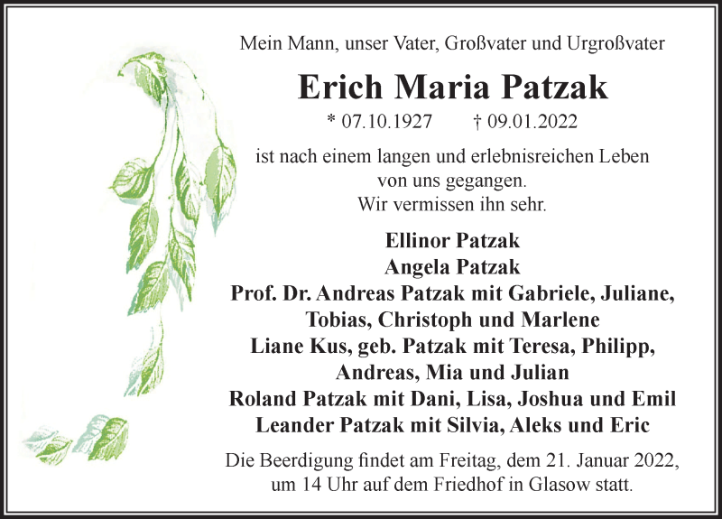  Traueranzeige für Erich Maria Patzak vom 18.01.2022 aus Märkischen Allgemeine Zeitung