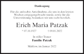 Traueranzeige von Erich Maria Patzak von Märkischen Allgemeine Zeitung