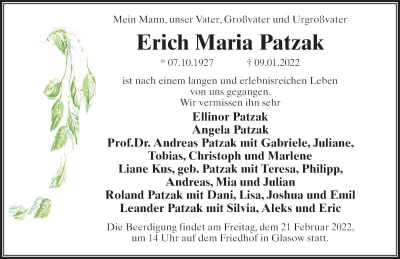  Traueranzeige für Erich Maria Patzak vom 15.01.2022 aus Märkischen Allgemeine Zeitung