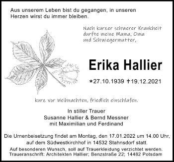 Traueranzeige von Erika Hallier von Märkischen Allgemeine Zeitung