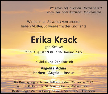 Traueranzeige von Erika Krack von Hannoversche Allgemeine Zeitung/Neue Presse