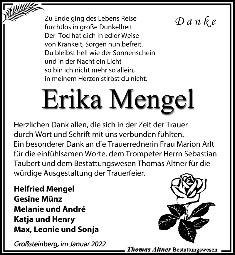  Traueranzeige für Erika Mengel vom 22.01.2022 aus Leipziger Volkszeitung