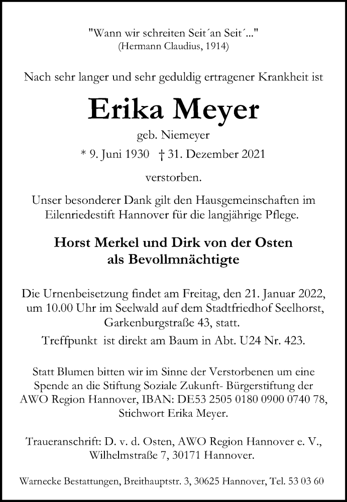 Traueranzeigen von Erika Meyer | trauer-anzeigen.de