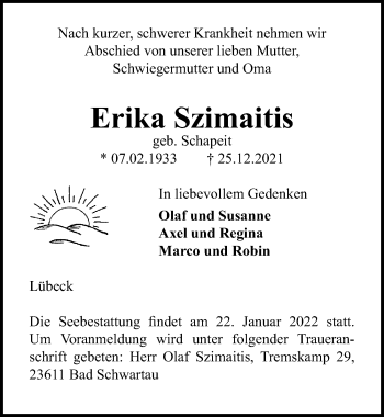 Traueranzeige von Erika Szimaitis von Lübecker Nachrichten