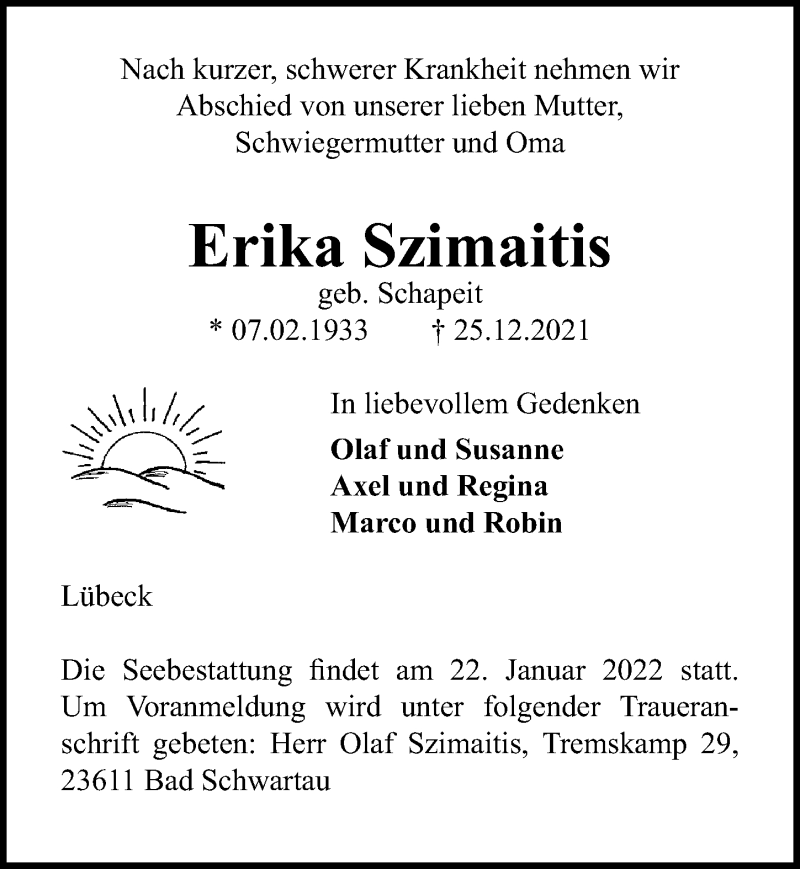  Traueranzeige für Erika Szimaitis vom 01.01.2022 aus Lübecker Nachrichten
