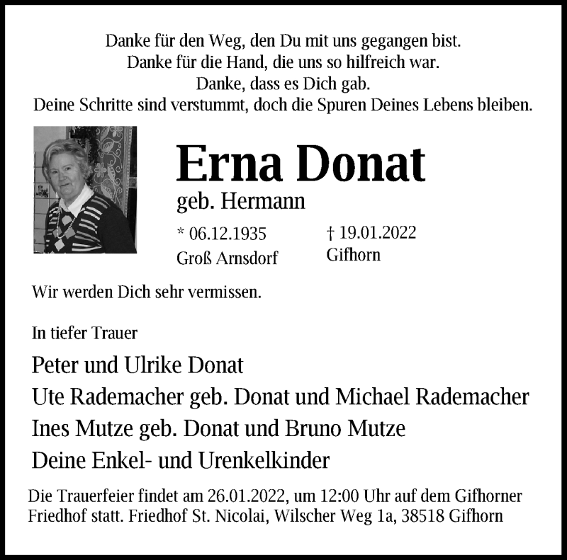  Traueranzeige für Erna Donat vom 22.01.2022 aus Aller Zeitung