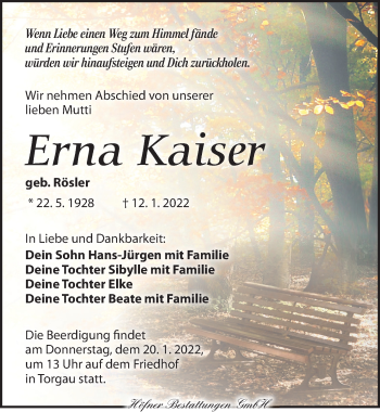 Traueranzeige von Erna Kaiser von Torgauer Zeitung