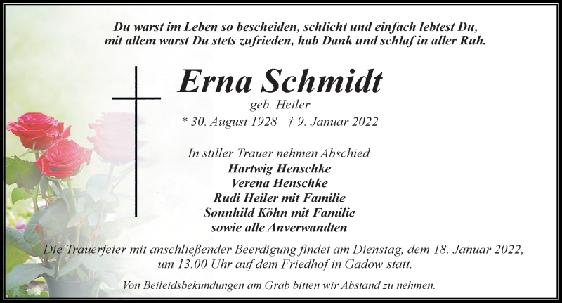  Traueranzeige für Erna Schmidt vom 14.01.2022 aus Märkischen Allgemeine Zeitung
