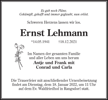 Traueranzeige von Ernst Lehmann von Märkischen Allgemeine Zeitung